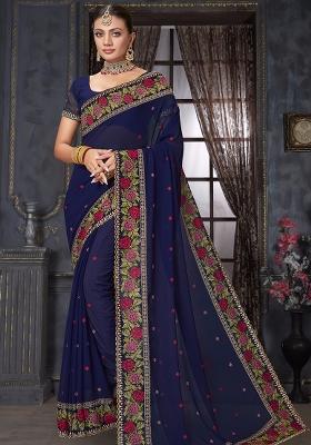 Navy Embroidered Georgette Saree Set