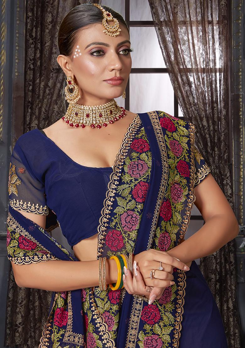 Navy Embroidered Georgette Saree Set - Indya
