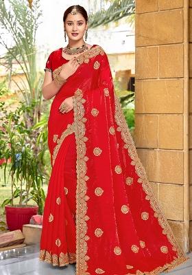 Red Embroidered Silk Saree Set