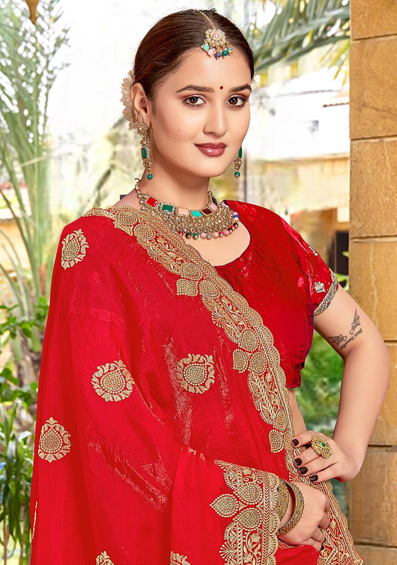 Red Embroidered Silk Saree Set - Indya