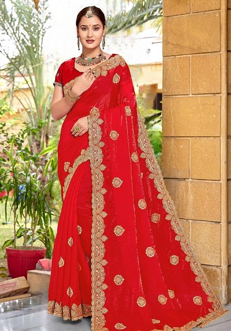 Red Embroidered Silk Saree Set