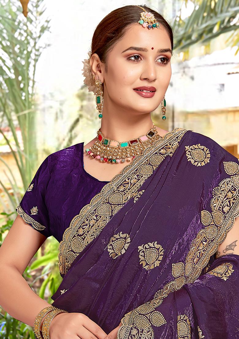 Purple Embroidered Silk Saree Set - Indya