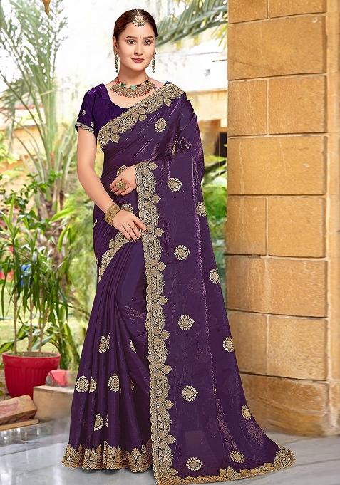 Purple Embroidered Silk Saree Set