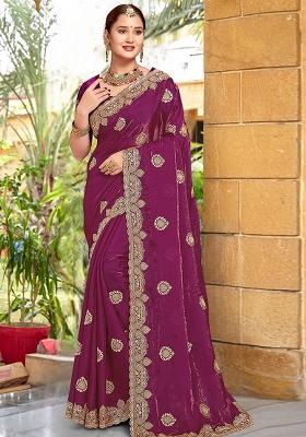 Wine Embroidered Silk Saree Set