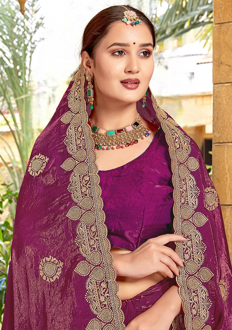 Wine Embroidered Silk Saree Set - Indya