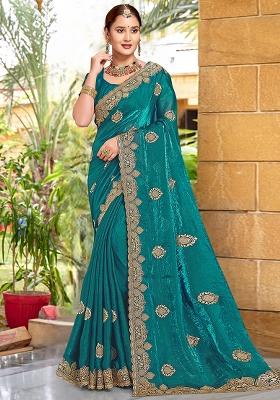 Rama Embroidered Silk Saree Set