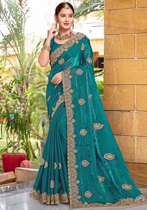 Rama Embroidered Silk Saree Set