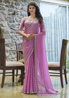 Pink Embroidered Silk Saree Set