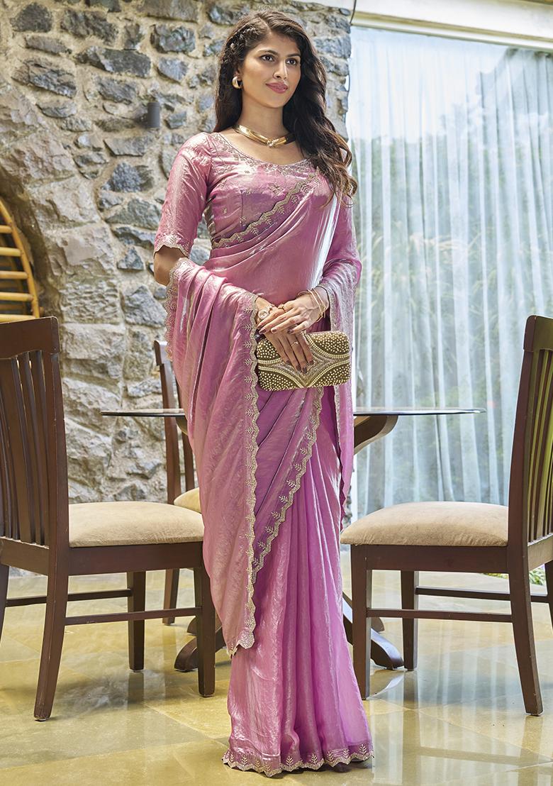 Pink Embroidered Silk Saree Set - Indya