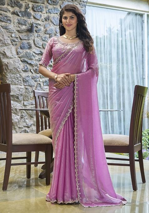 Pink Embroidered Silk Saree Set