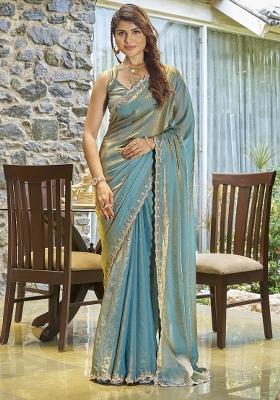 Ice Blue Embroidered Silk Saree Set