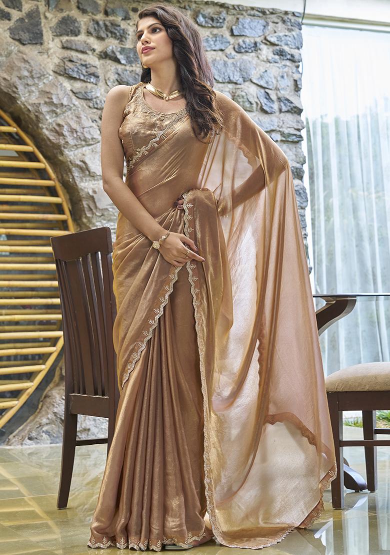 Gold Embroidered Silk Saree Set - Indya