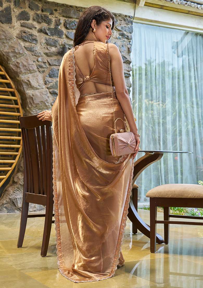 Gold Embroidered Silk Blend Saree Set for Diwali and Festive Wear - Indya