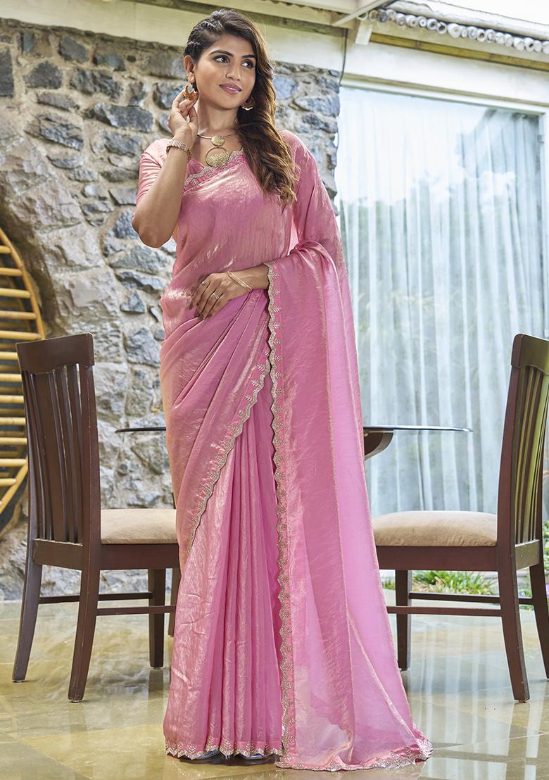 Dusty Pink Embroidered Silk Saree Set