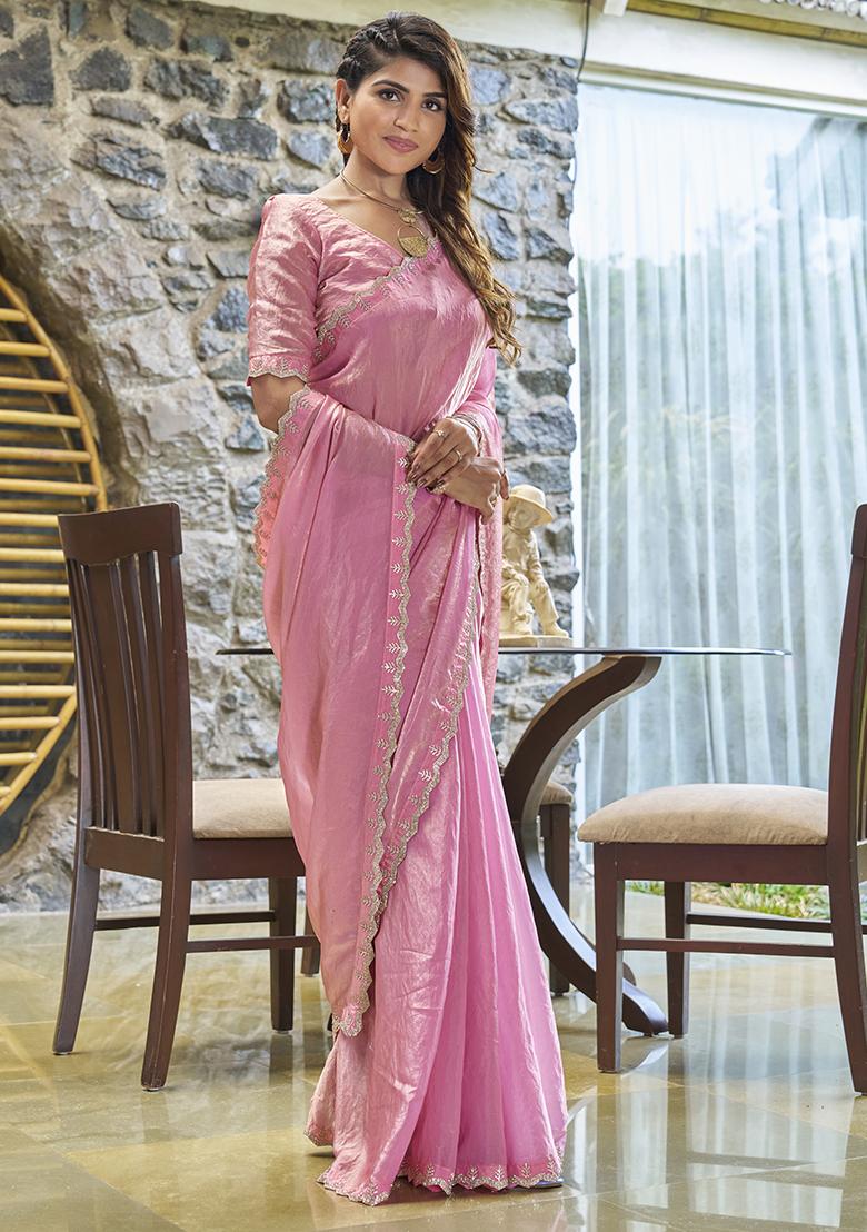 Dusty Pink Embroidered Silk Saree Set - Indya