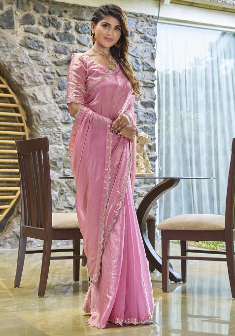 Dusty Pink Embroidered Silk Saree Set