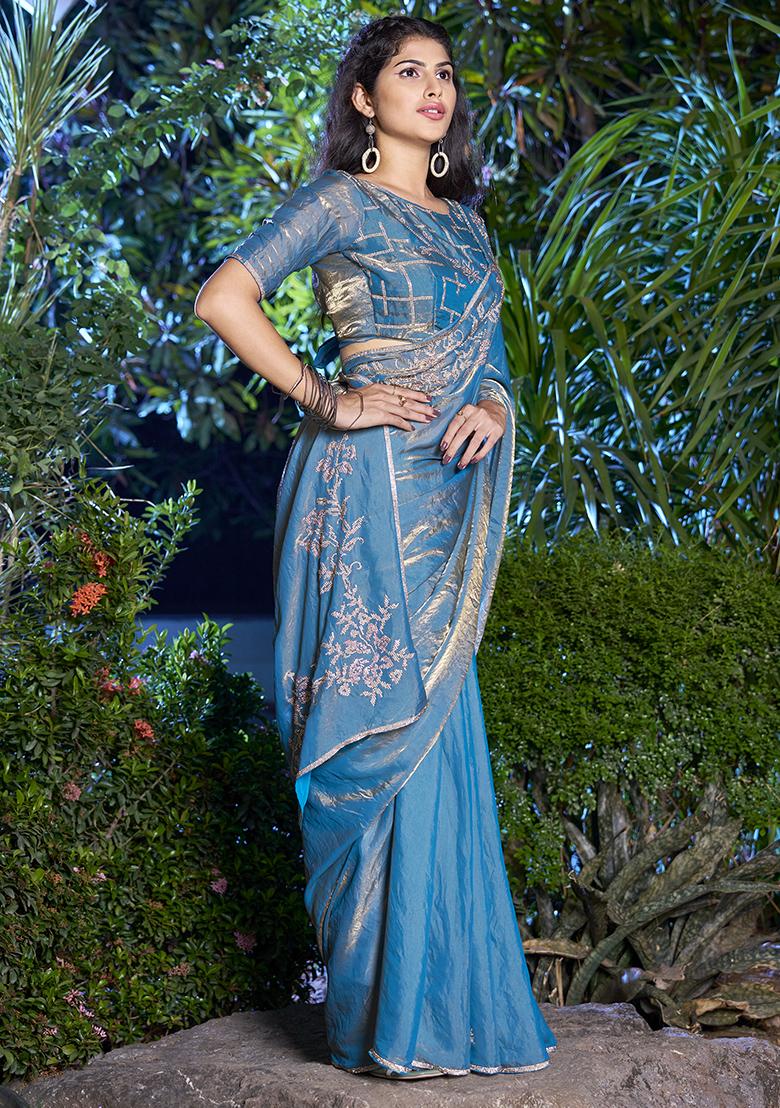Ice Blue Embroidered Silk Saree Set - Indya