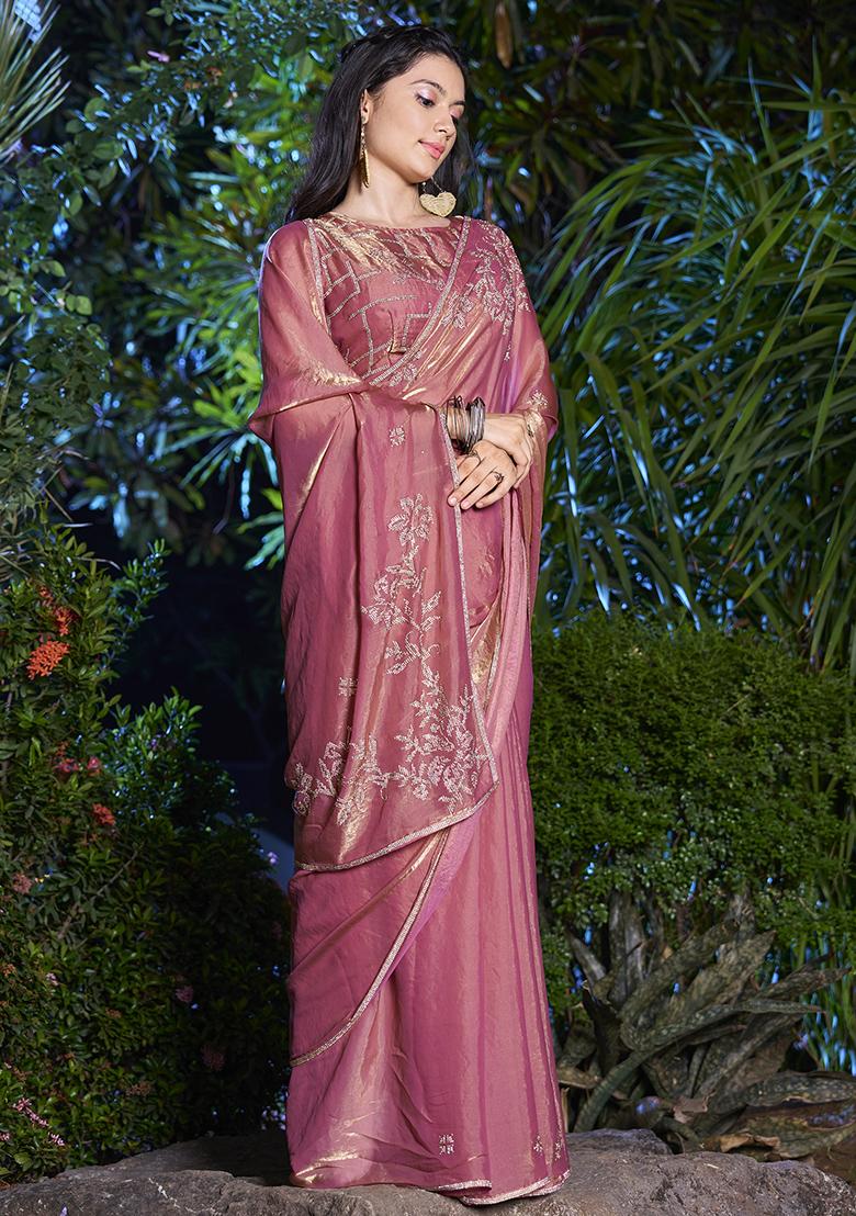 Dusty Gajari Embroidered Silk Saree Set - Indya