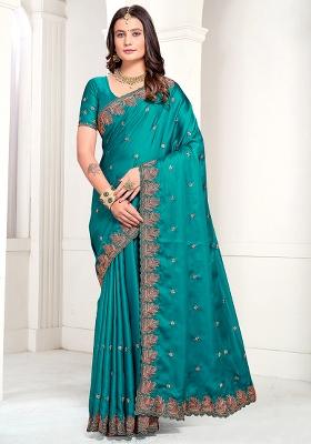 Rama Embroidered Pure Satin Saree Set