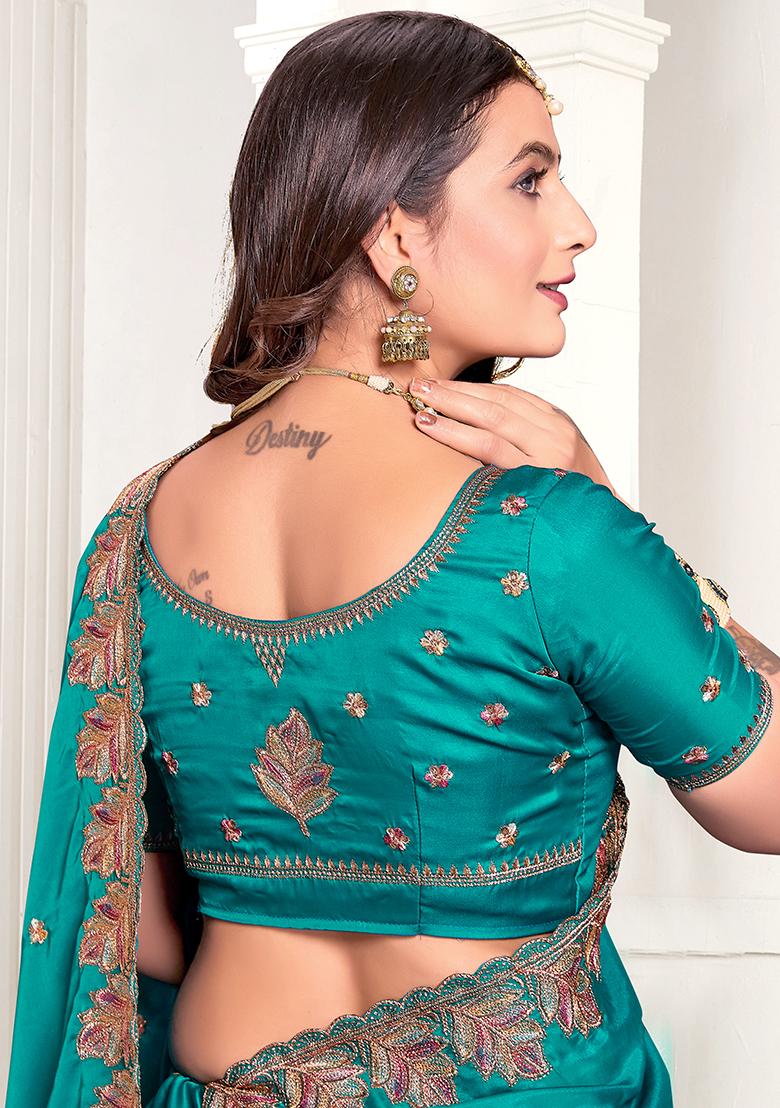 Rama Embroidered Pure Satin Saree Set - Indya