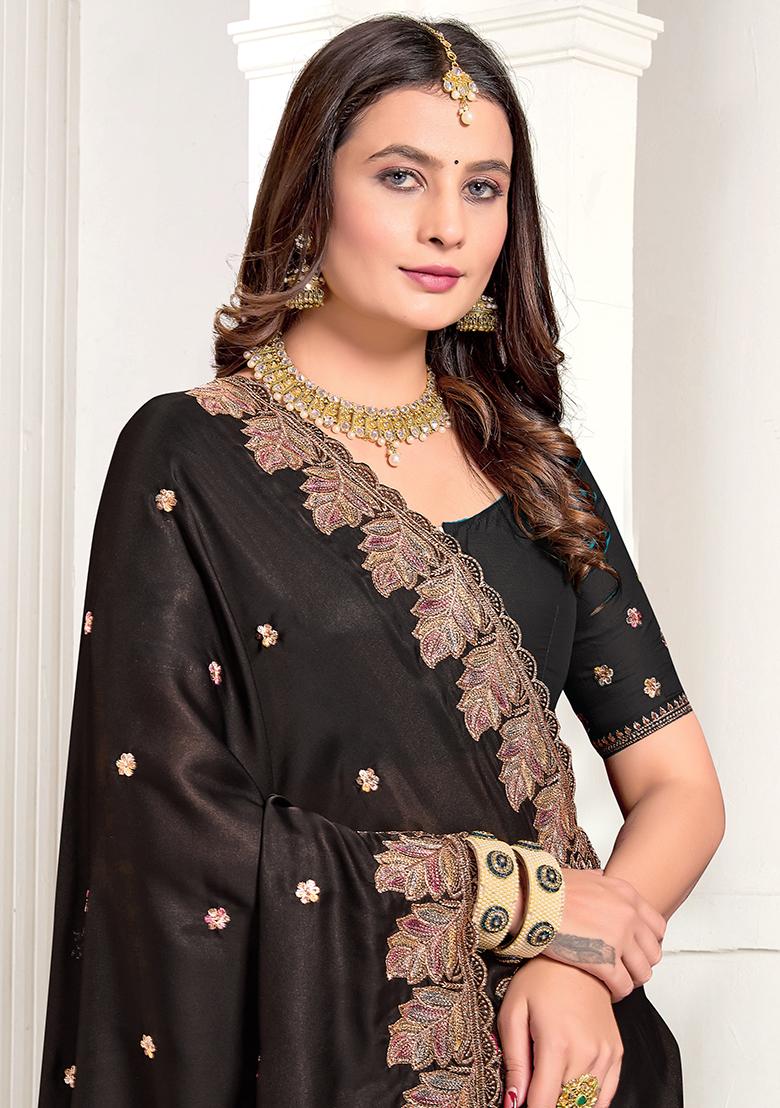Black Embroidered Pure Satin Saree Set - Indya