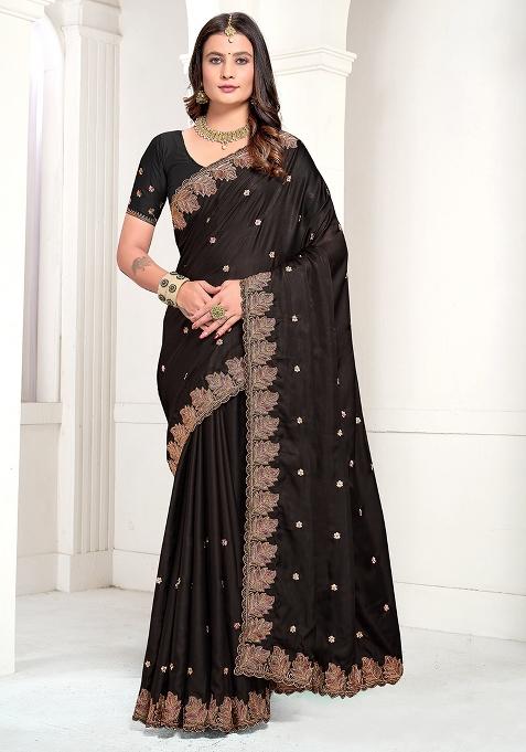 Black Embroidered Pure Satin Saree Set
