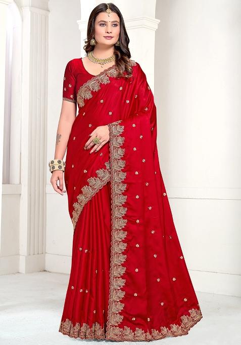 Red Embroidered Pure Satin Saree Set