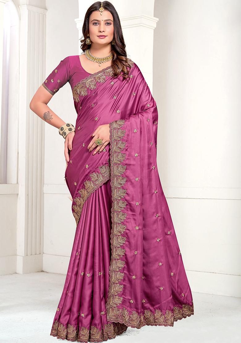 Dusty Gajari Embroidered Pure Satin Saree Set