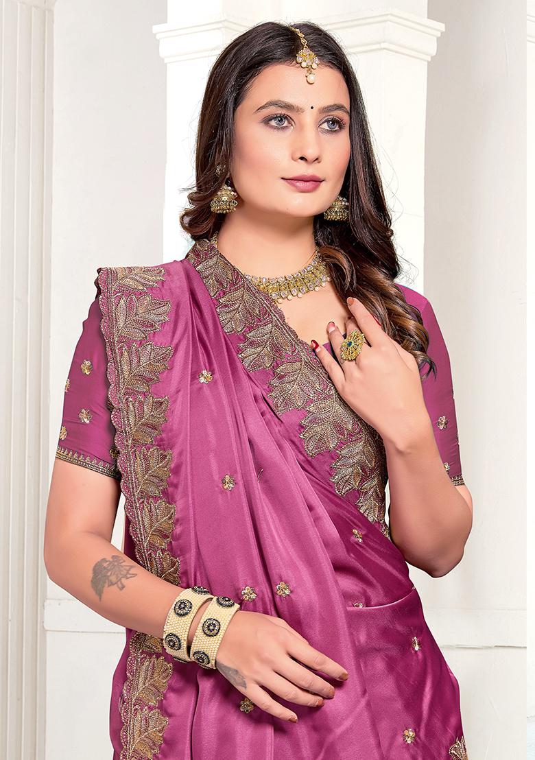 Dusty Gajari Embroidered Pure Satin Saree Set - Indya