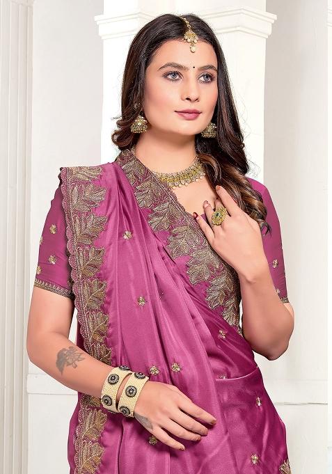 Dusty Gajari Embroidered Pure Satin Saree Set