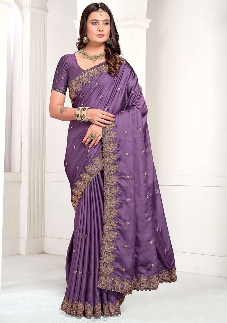 Lavender Embroidered Pure Satin Saree Set for Diwali and Festive Wear - Indya