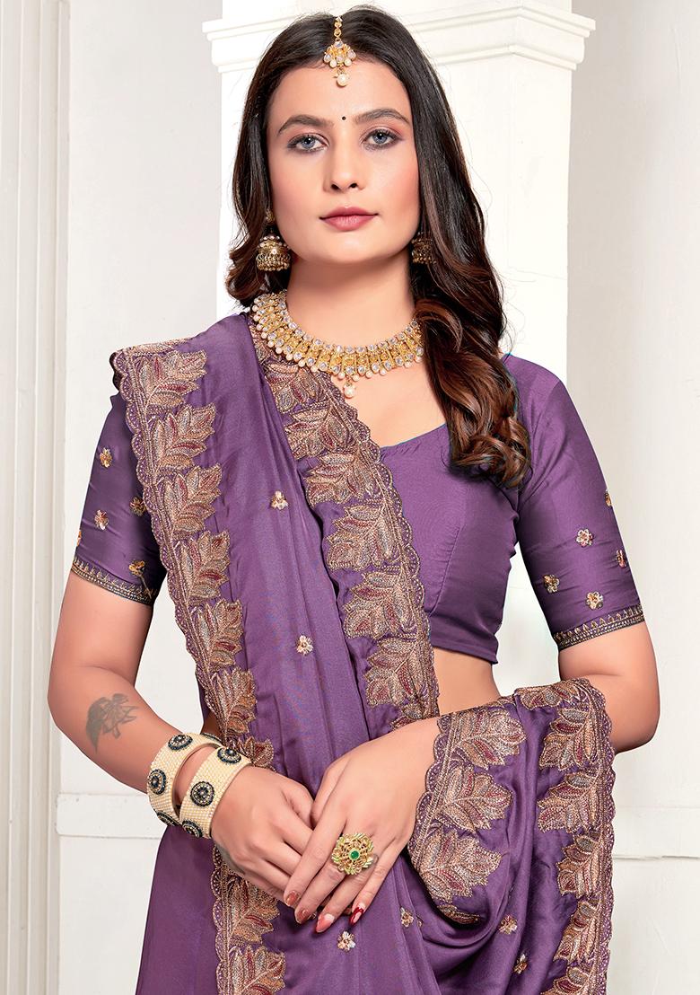 Lavender Embroidered Pure Satin Saree Set - Indya