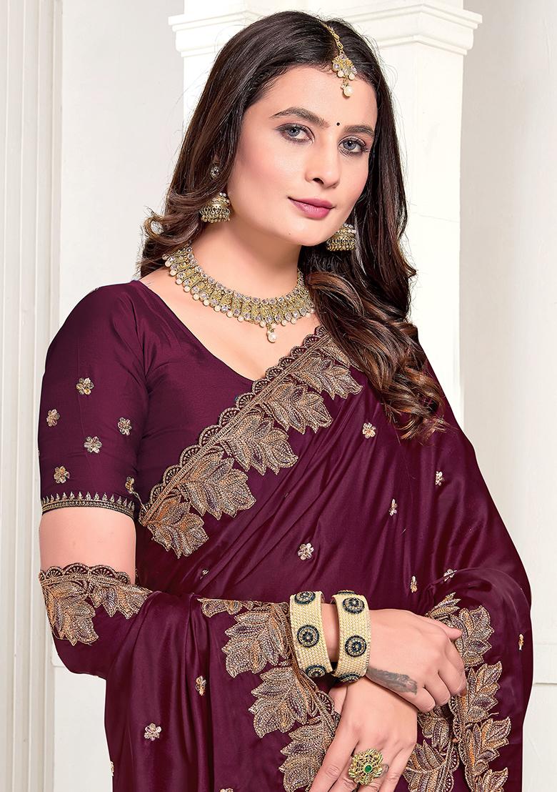Wine Embroidered Pure Satin Saree Set - Indya