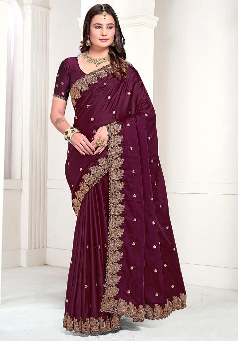 Wine Embroidered Pure Satin Saree Set