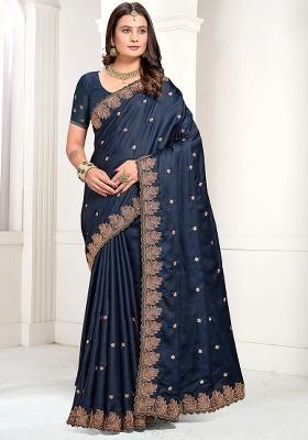 Morpeach Embroidered Pure Satin Saree Set