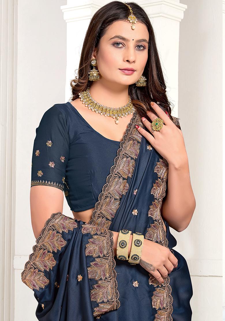 Morpeach Embroidered Pure Satin Saree Set - Indya