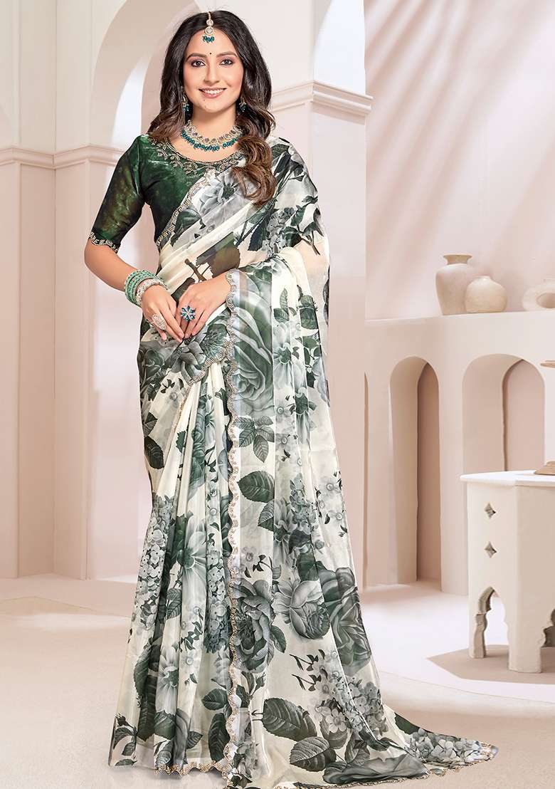 Cream Silk Blend Saree Set with Embroidered for Diwali | Wedding & Festive Wear - Indya