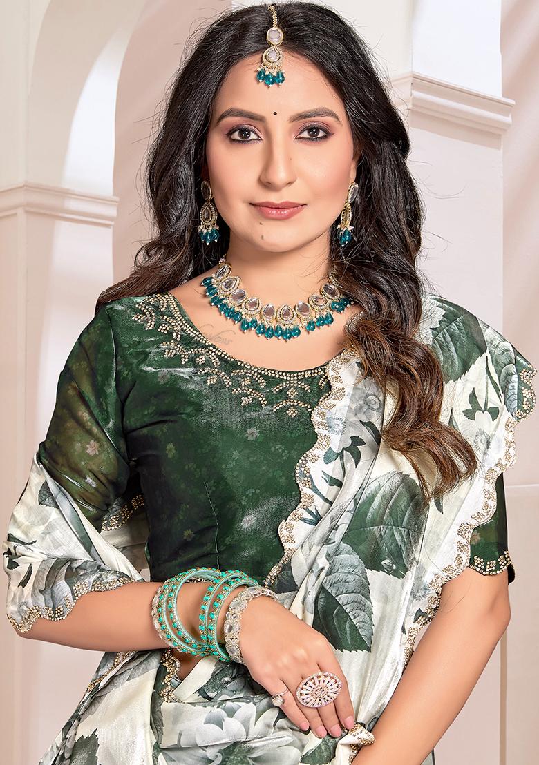 Cream Embroidered Silk Saree Set - Indya