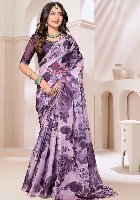 Purple Embroidered Silk Saree Set
