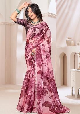 Wine Embroidered Silk Saree Set