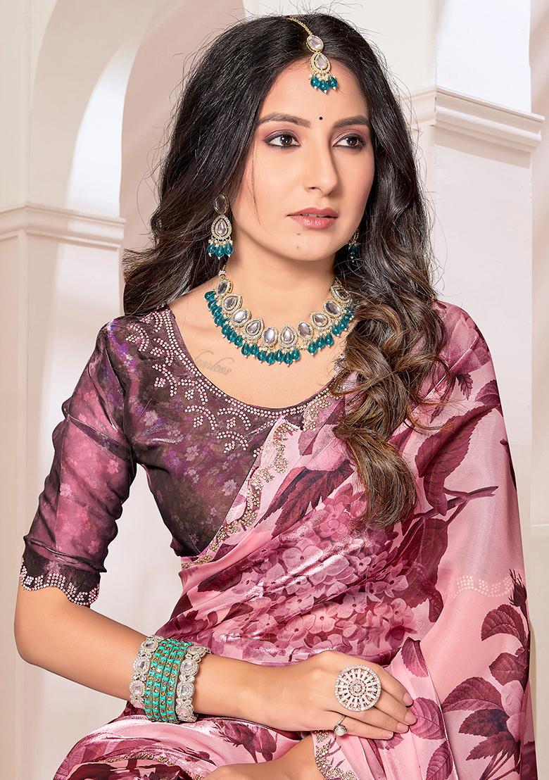 Wine Embroidered Silk Saree Set - Indya