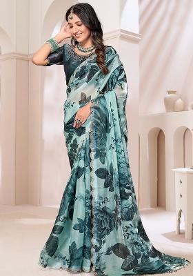 Green Embroidered Silk Saree Set