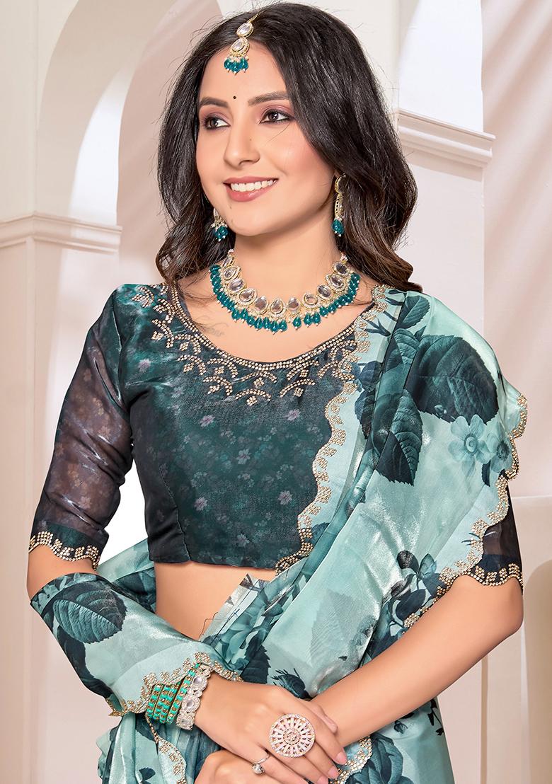 Green Embroidered Silk Saree Set - Indya