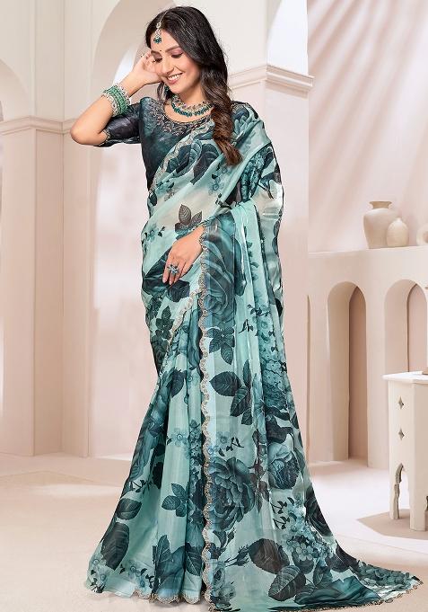 Green Embroidered Silk Saree Set