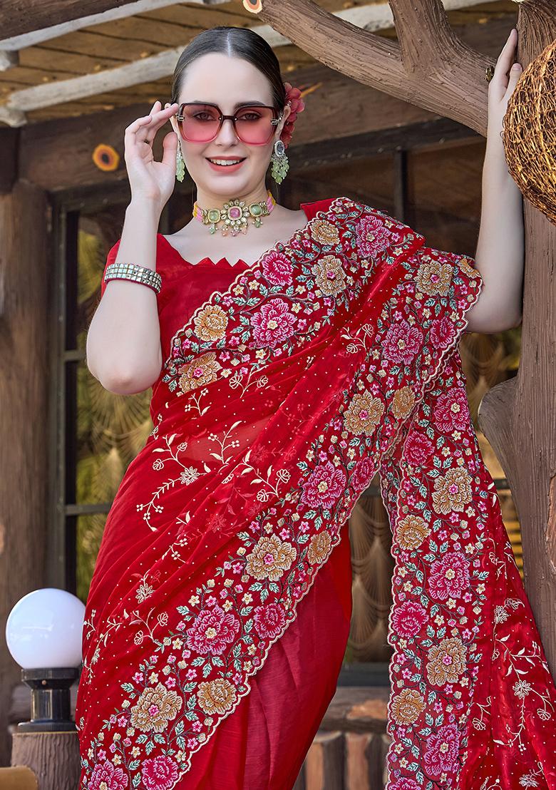 Red Embroidered Silk Saree Set - Indya