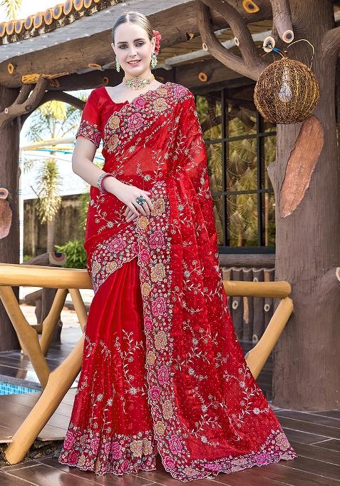 Red Embroidered Silk Saree Set