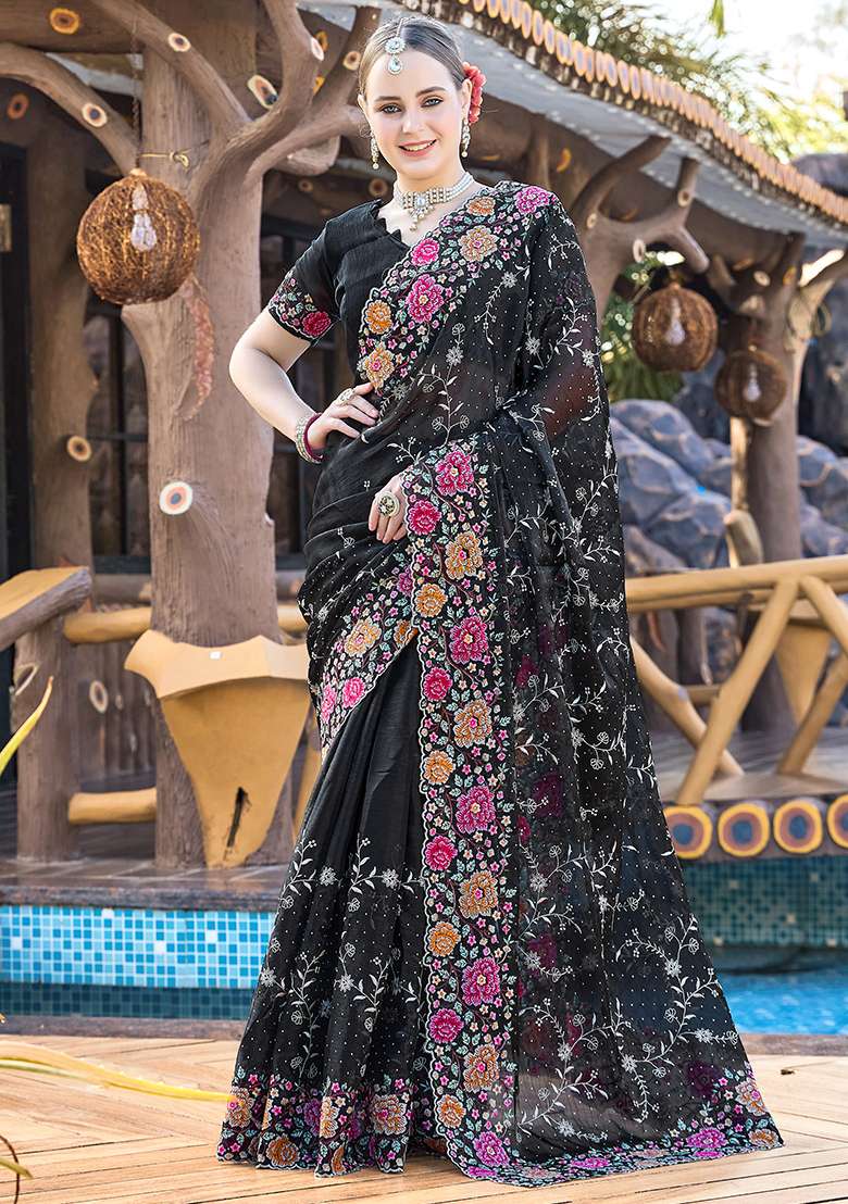 Black Silk Blend Saree Set with Embroidered for Diwali | Wedding & Festive Wear - Indya