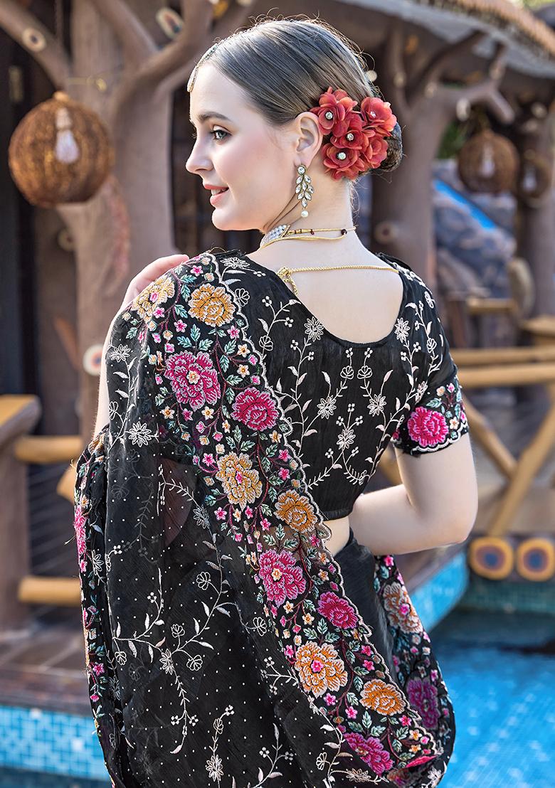 Black Embroidered Silk Saree Set - Indya