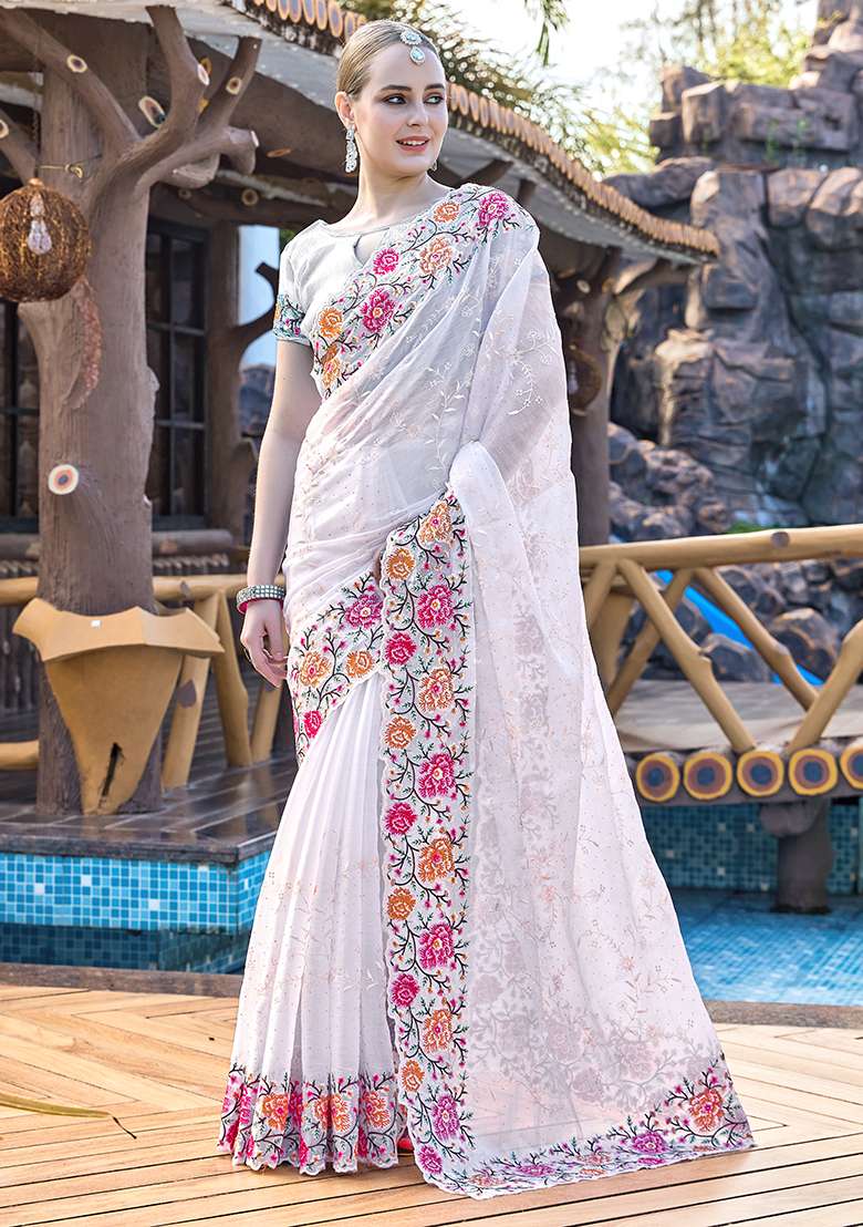 White Embroidered Silk Blend Saree Set for Diwali and Festive Wear - Indya