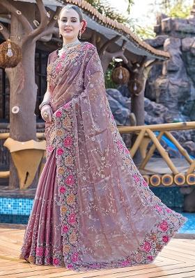 Purple Embroidered Silk Saree Set